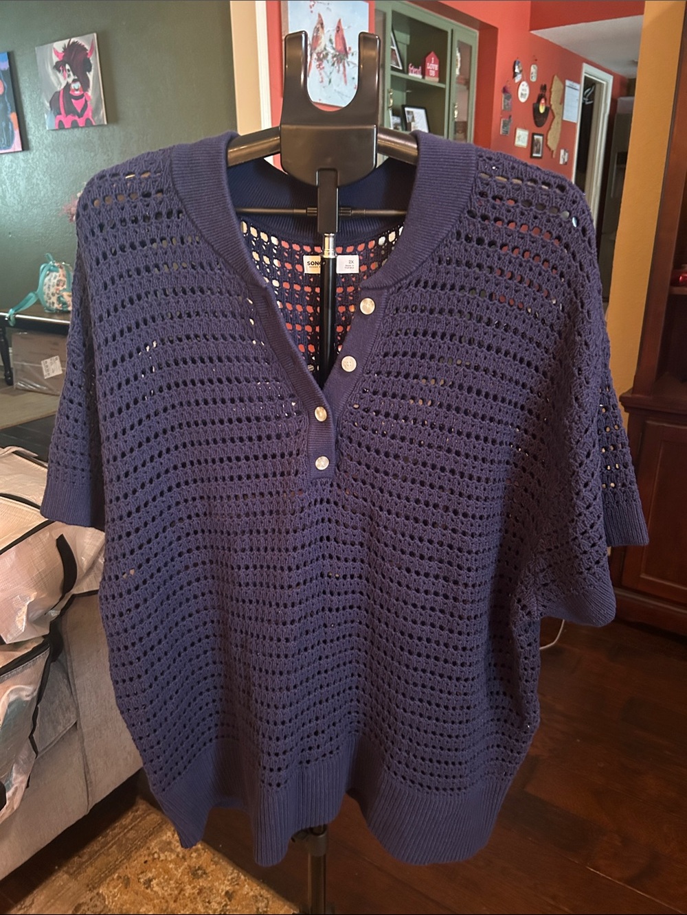 Sonoma Navy Short-Sleeve Open-Knit Sweater with Button Placket